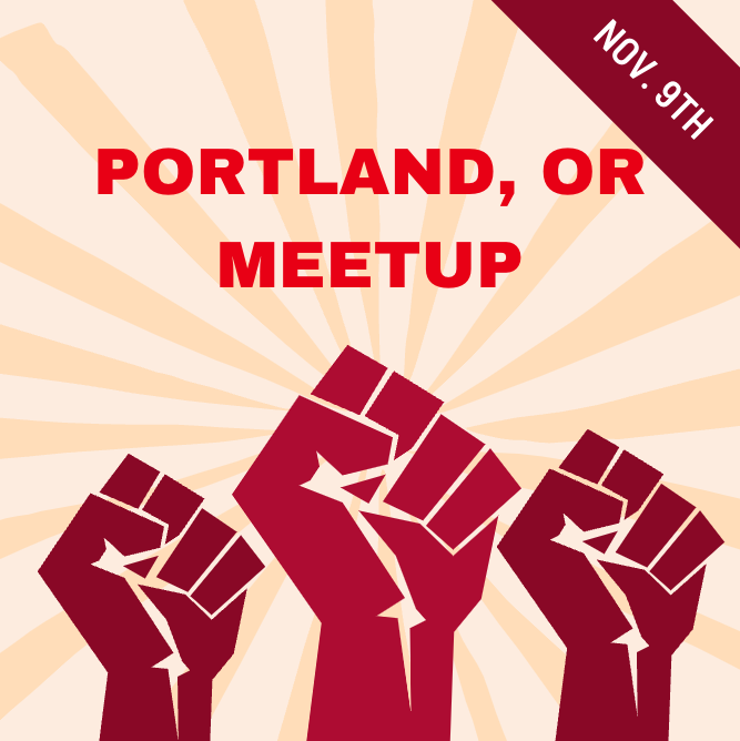 Marketing image for Portland, Oregon USA meetup with three raised red fists