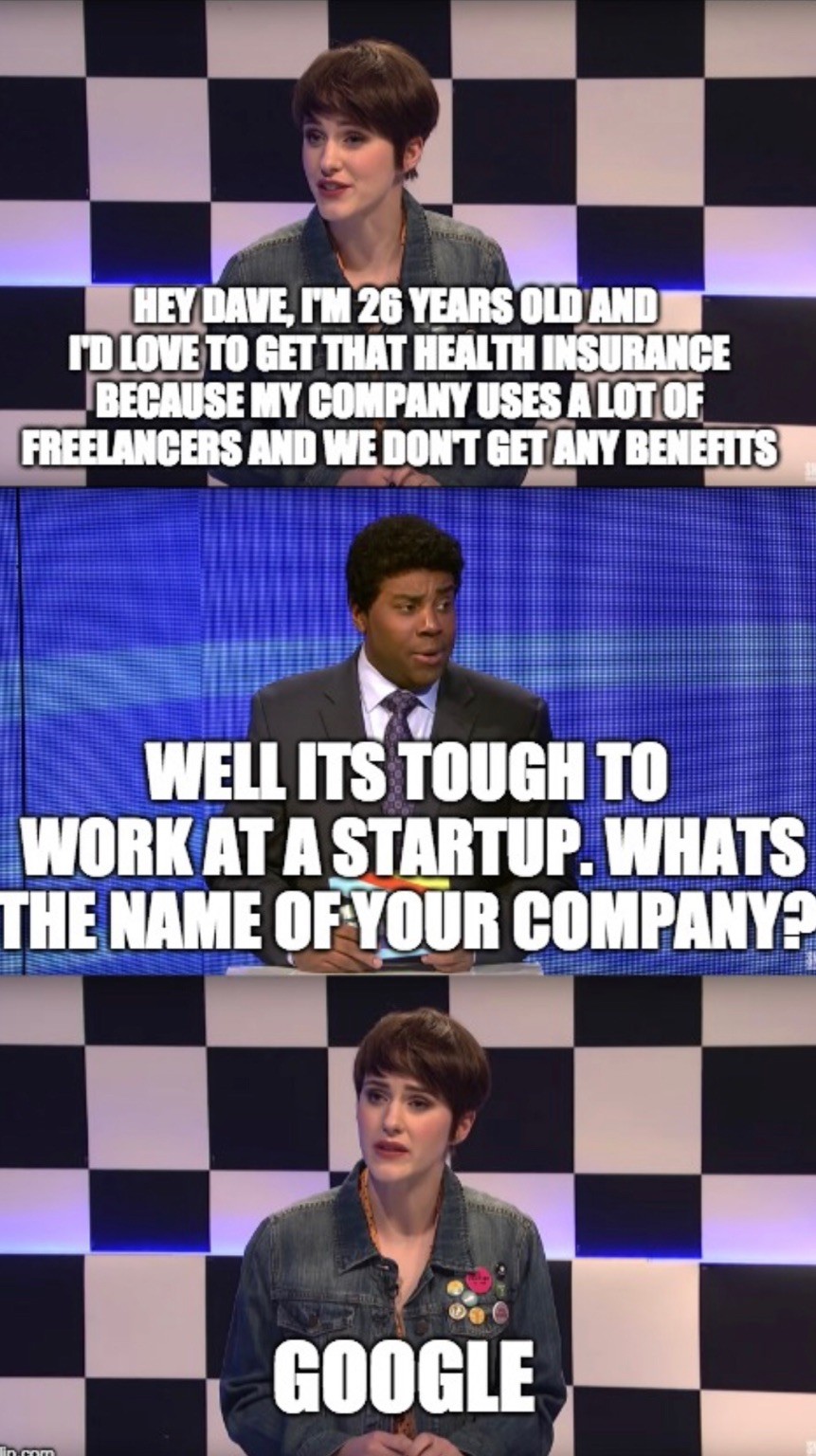 Stills from a recent Saturday Night Live skit about contractors at Google